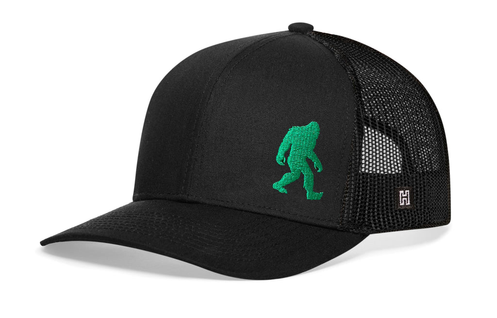 Green Bigfoot Trucker Hat  |  Black Sasquatch Snapback