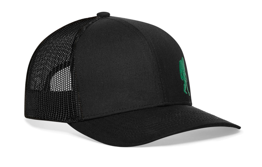 Green Bigfoot Trucker Hat  |  Black Sasquatch Snapback