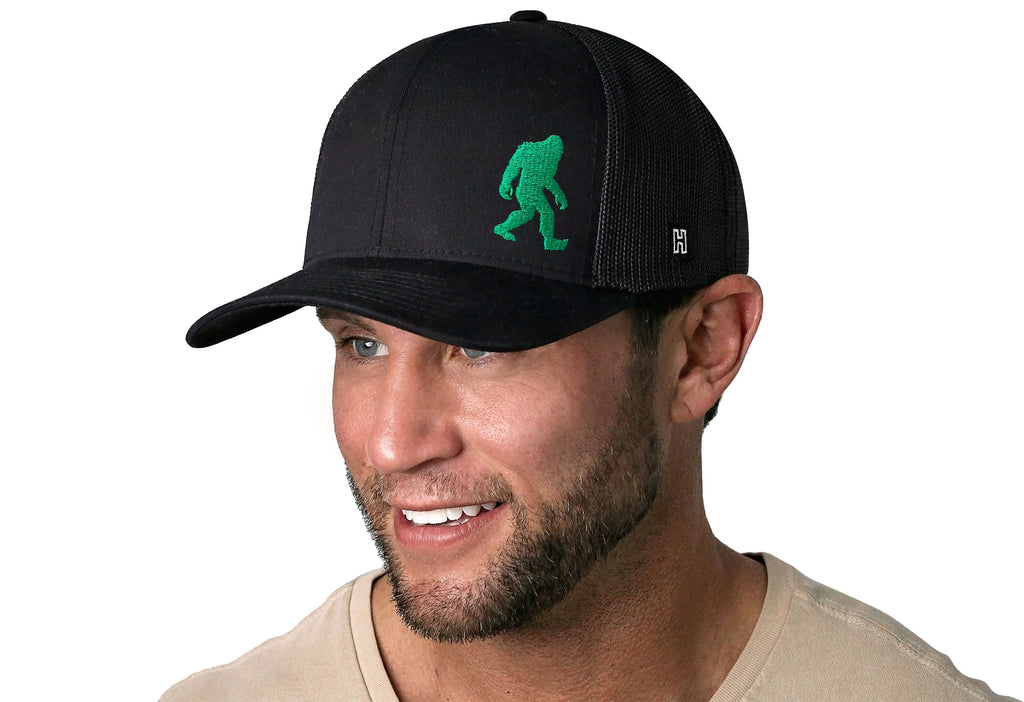 Green Bigfoot Trucker Hat  |  Black Sasquatch Snapback