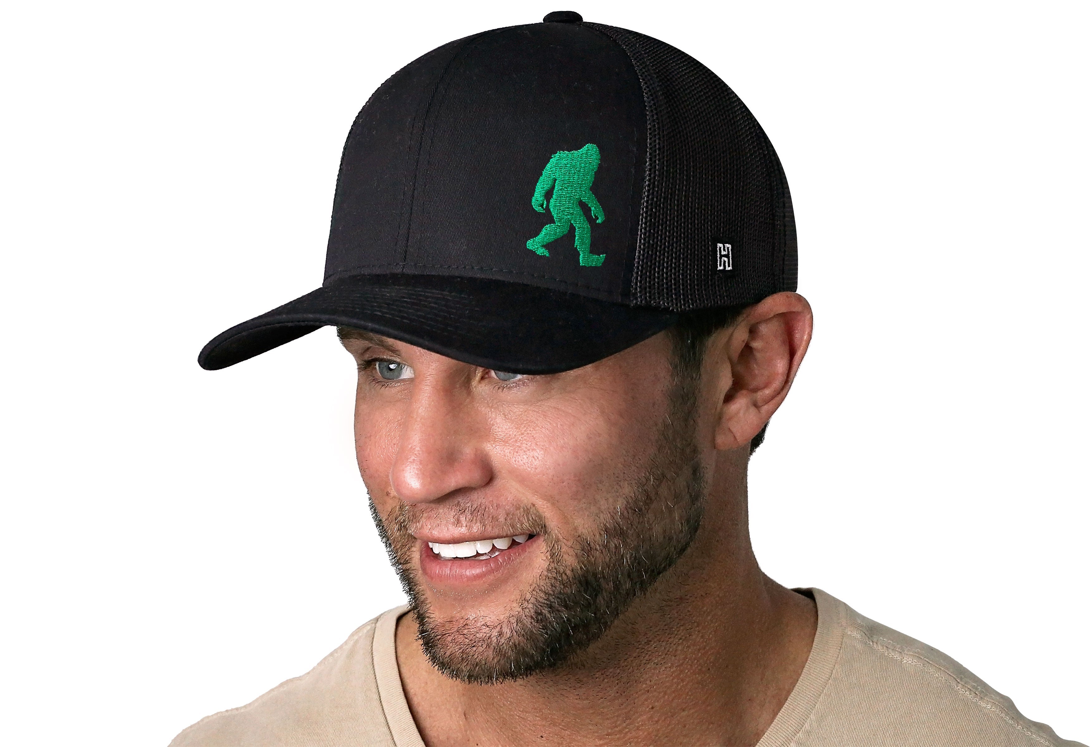 Green Bigfoot Trucker Hat  |  Black Sasquatch Snapback